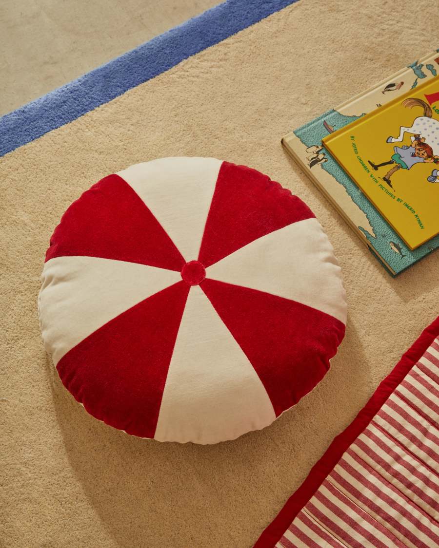 Odet white and red, round cotton cushion, Ø 45 cm