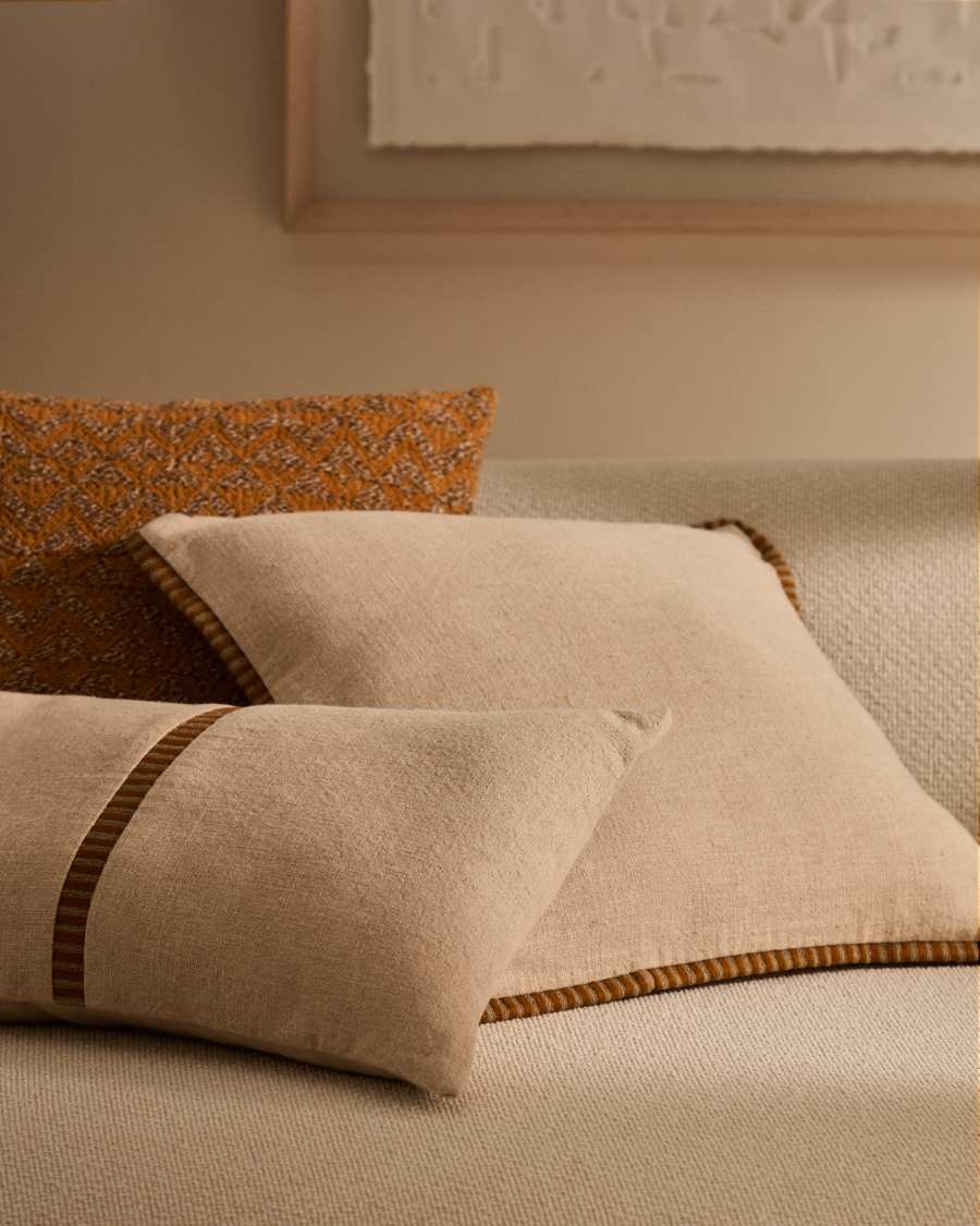 Ardit beige linen and cotton cushion cover mustard-coloured embroidered stripe 45 x 45 cm