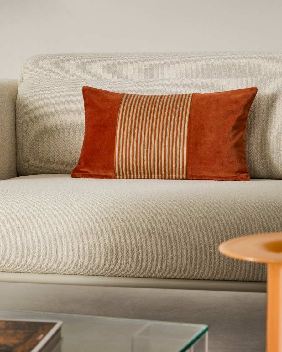 Samit 100% cotton velvet cushion cover with contrasting red stripes, 30 x 50 cm