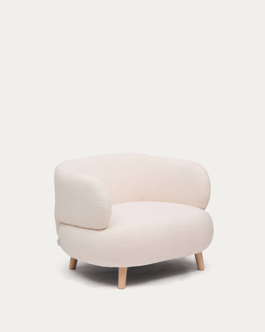 Luisa armchair in ecru boucle with solid beech wood legs 90 cm