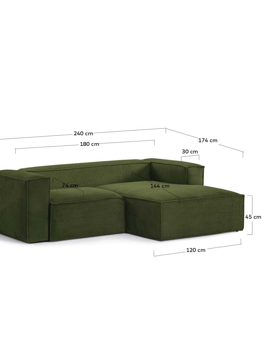 Blok 2-seater right chaise longue sofa in green thick corduroy 240cm FSC Mix Credit