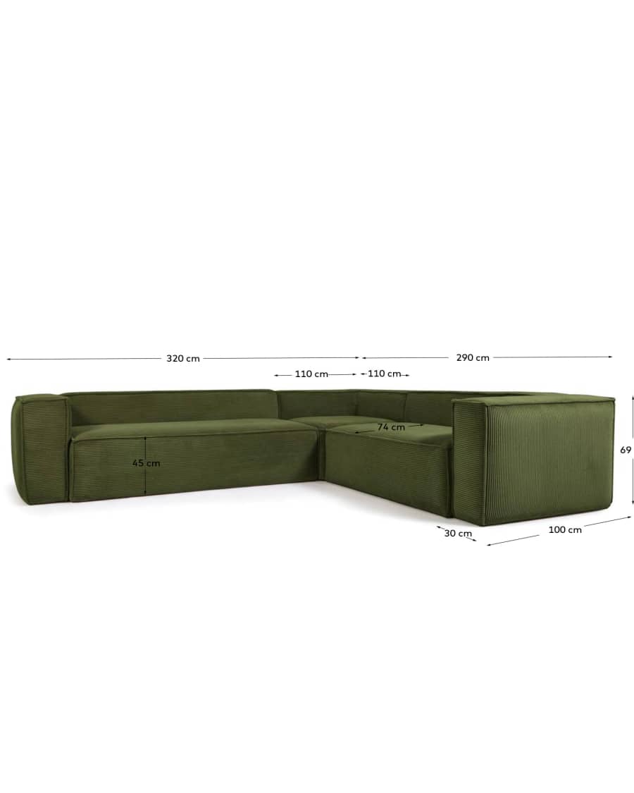 Blok green thick corduroy 5-seater corner sofa 320 x 290cm/290 x 320cm FSC Mix Credit