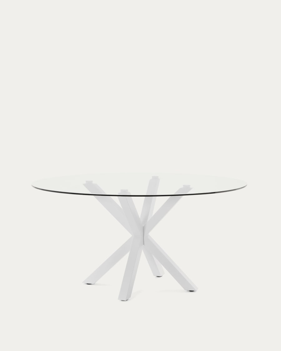 Argo round table with glass top and white-finished steel legs, Ø150 cm