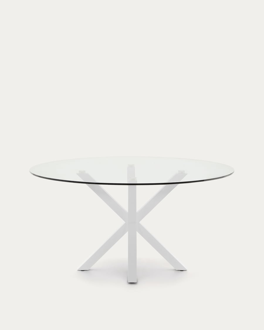 Argo round table with glass top and white-finished steel legs, Ø150 cm