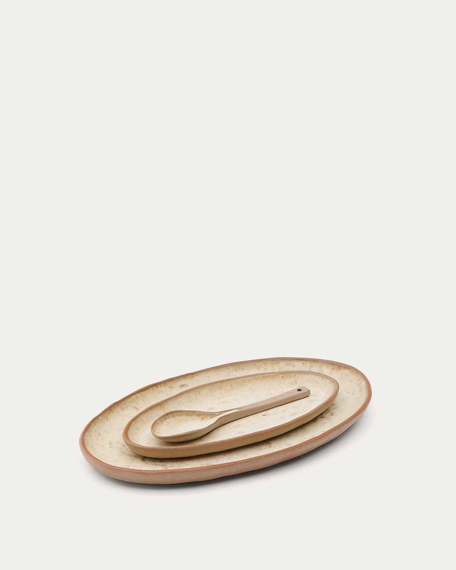 Set Zunel di 2 piatti e 1 cucchiaio in ceramica beige
