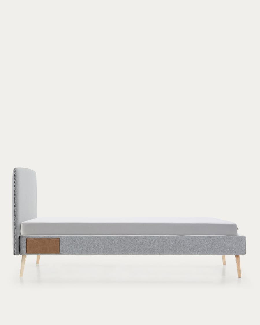Dyla bed with removable cover in light grey, with solid beech wood legs for a 90 x 190 cm mattress