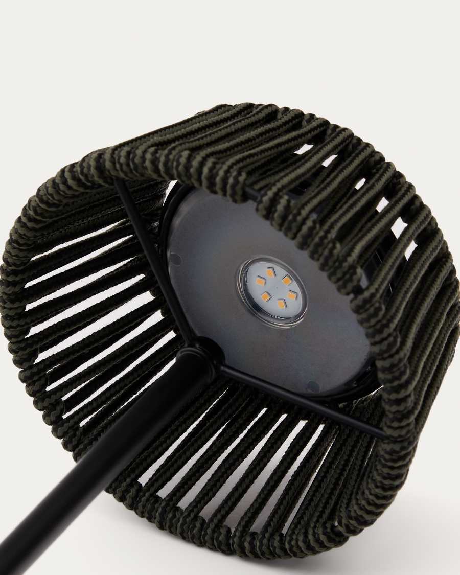 Lampe de table solaire d’extérieur Aldet en corde chinée noir et vert et pied en métal noir