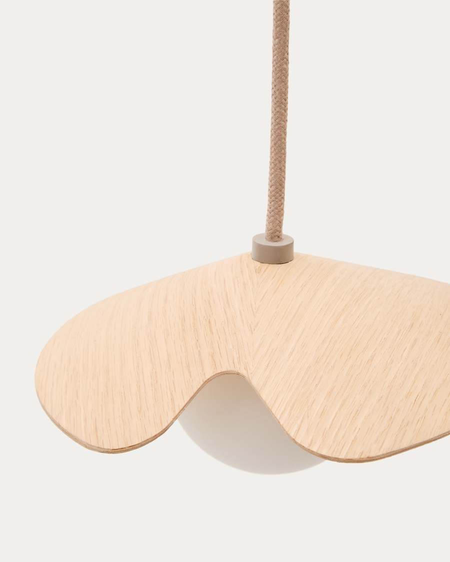 Wilara oak veneer ceiling lamp with 1 white smoked glass ball