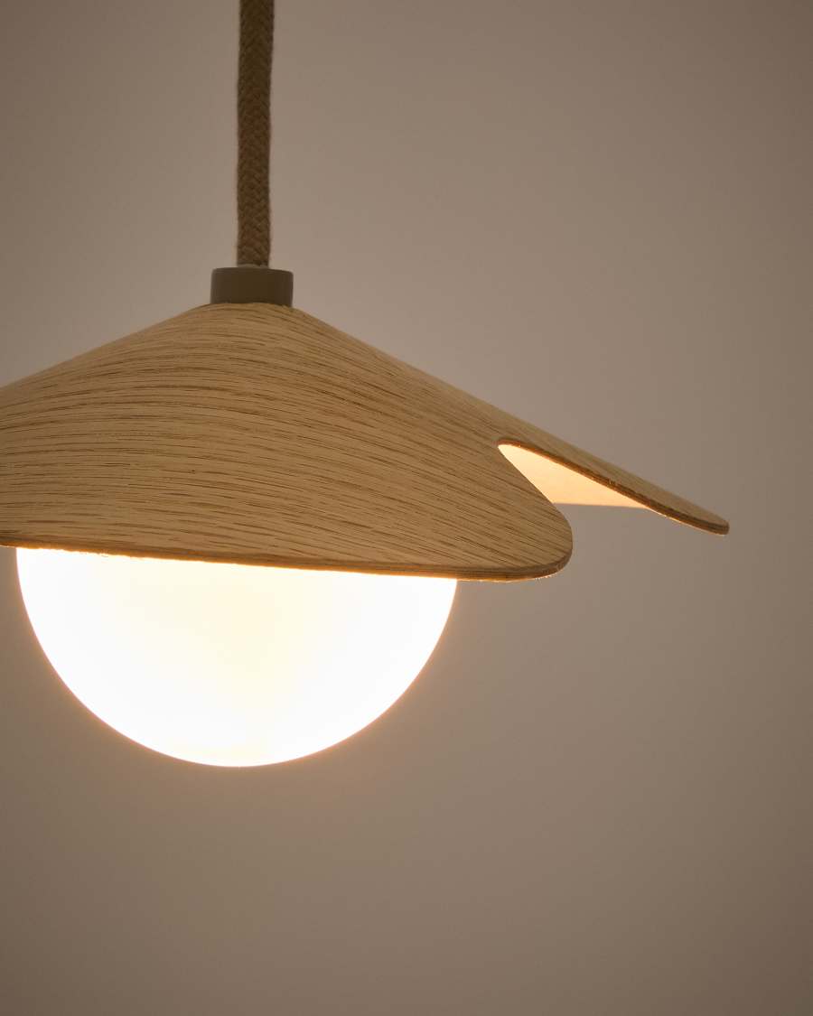 Wilara oak veneer ceiling lamp with 1 white smoked glass ball