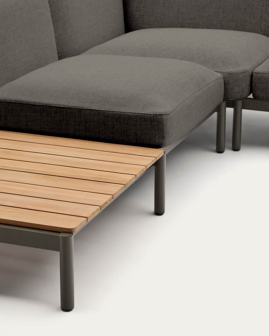 Divano angolare modulare da esterno Sorells a 5 posti con rivestimento grigio e alluminio verde con 2 tavoli in teak 277 x 446 cm FSC 100%