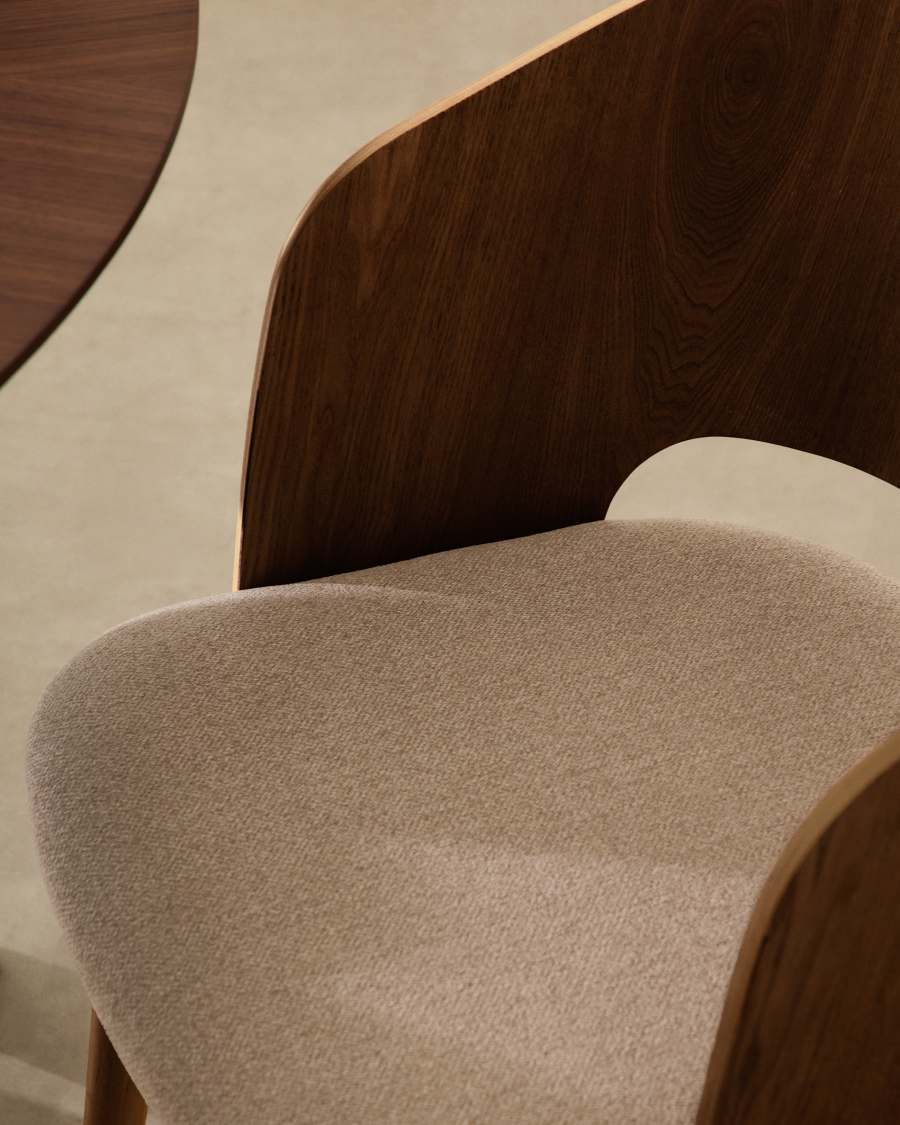 Senoa chair made of ash veneer and solid rubber wood with a wenge finish and beige chenille