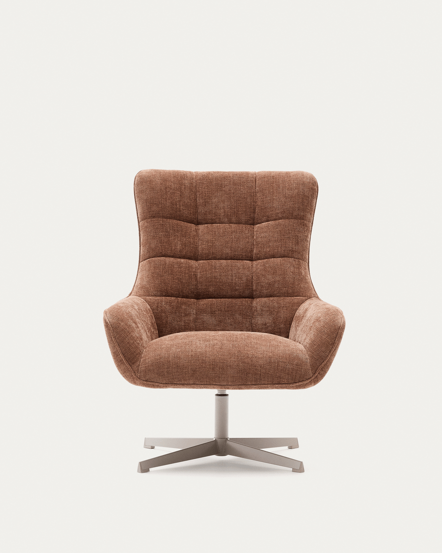 Teryl swivel light brown chenille armchair with grey-finished metal, FSC 100%