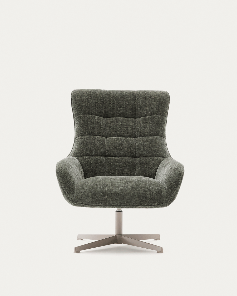 Teryl swivel green chenille armchair with grey-finished metal, FSC 100%