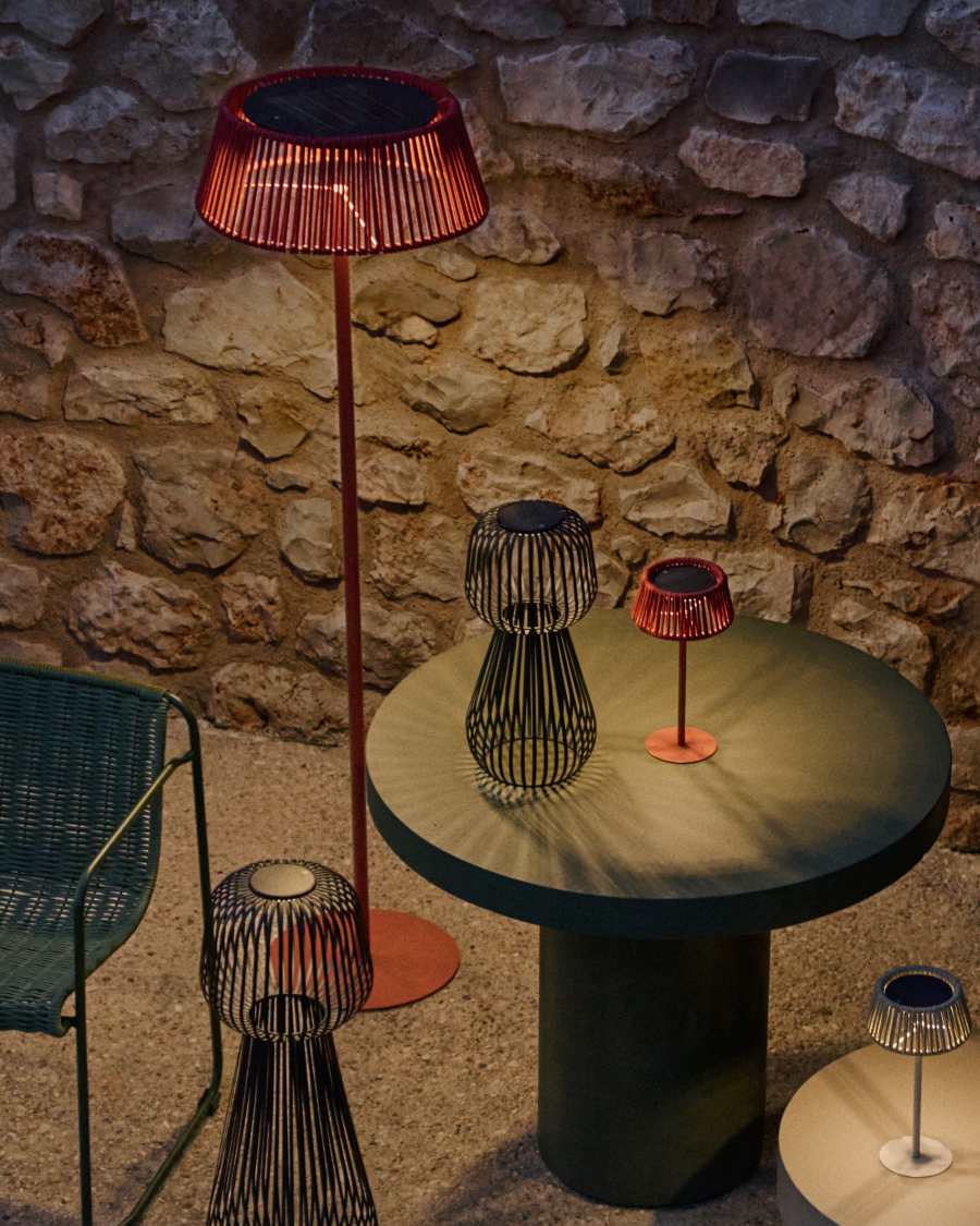 Aldet outdoor solar floor lamp in terracotta mottled rope cord with terracotta metal stand Ø46cm