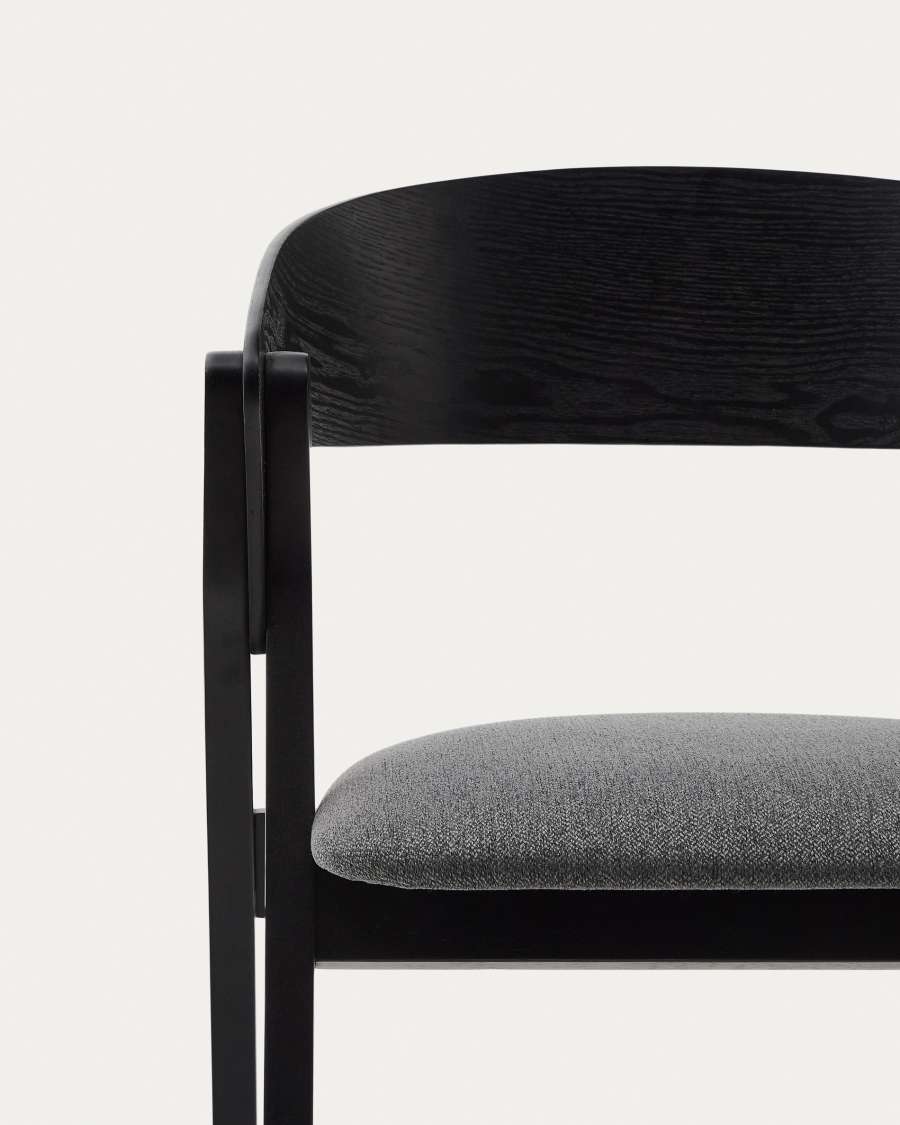 Godia chair in ash veneer with a black finish and grey chenille