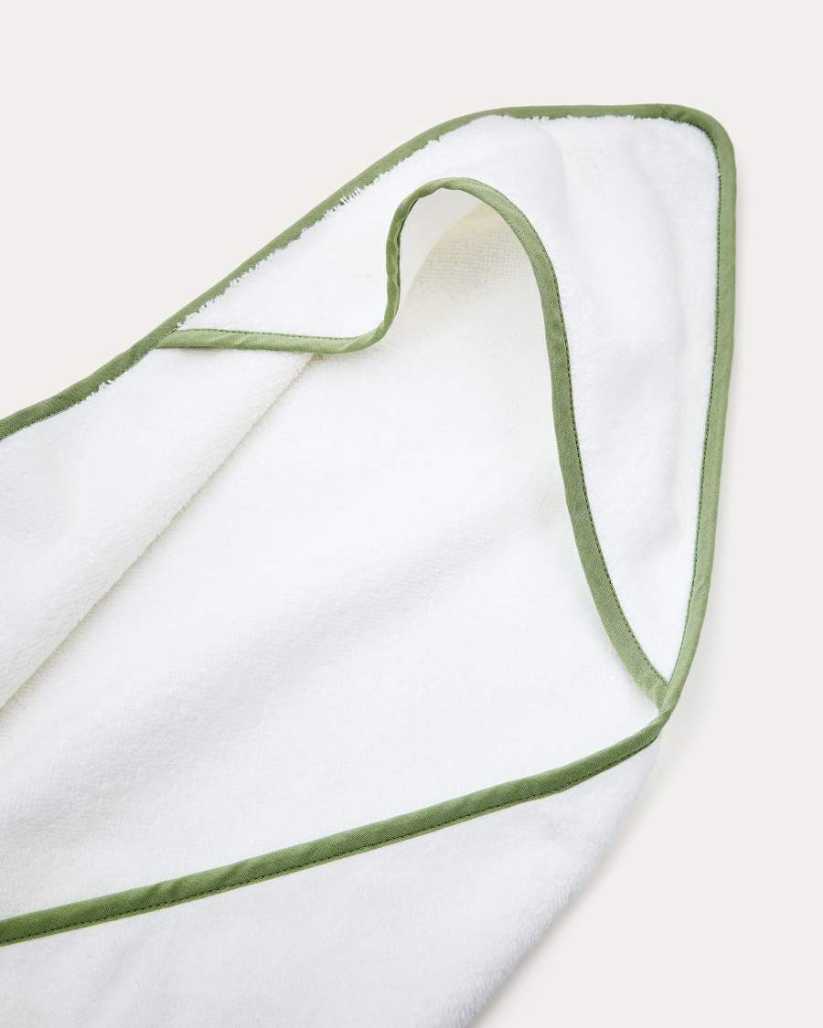 White cotton Nuni hooded towel with a green trim