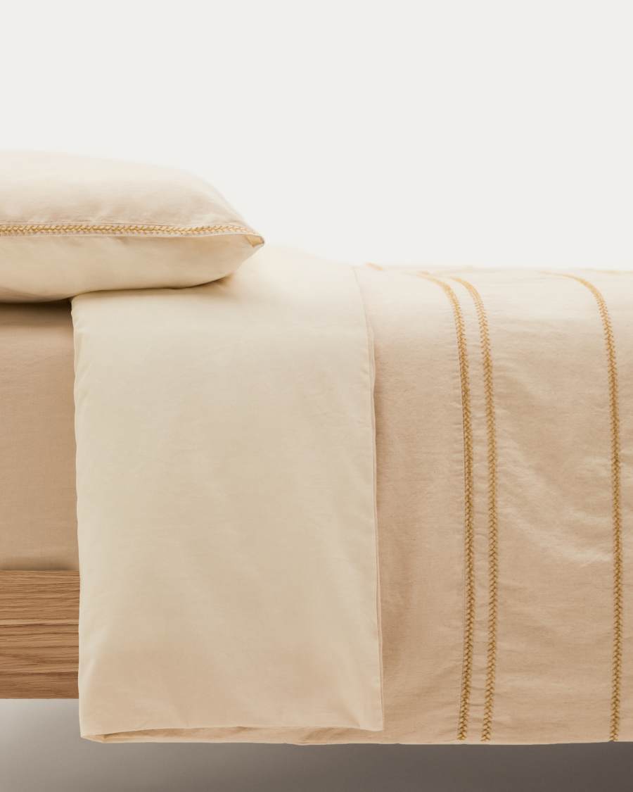 Linara Set of Duvet Cover and Pillowcases in Beige Cotton and Linen for 90 cm Bed