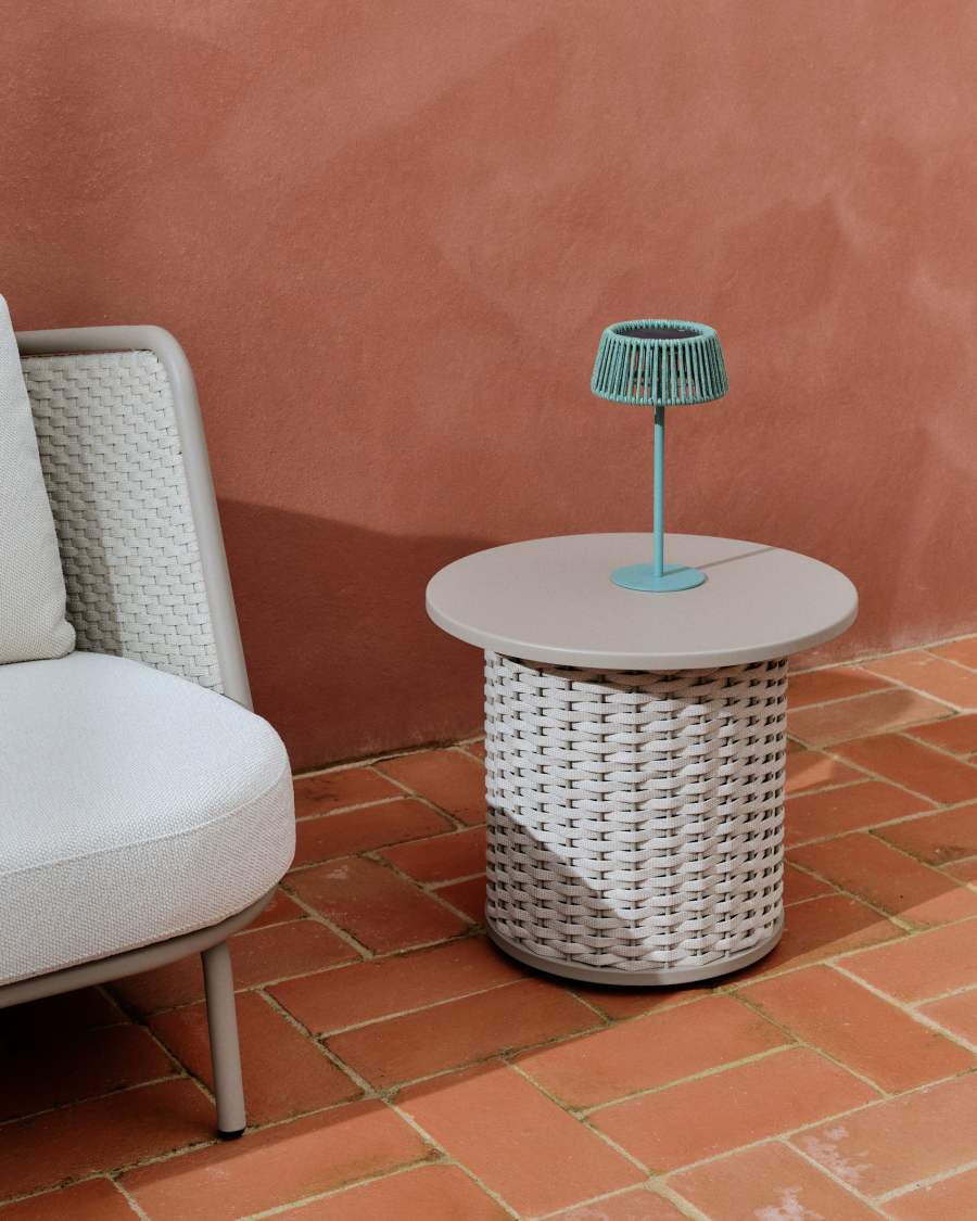 Aldet outdoor solar table lamp in turquoise rope cord