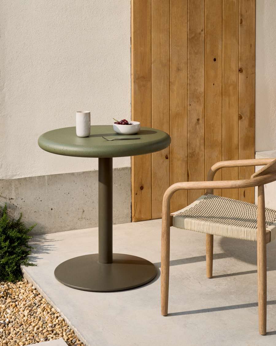 Esilda outdoor round table with green cement top Ø70cm and green steel base Ø55x72cm