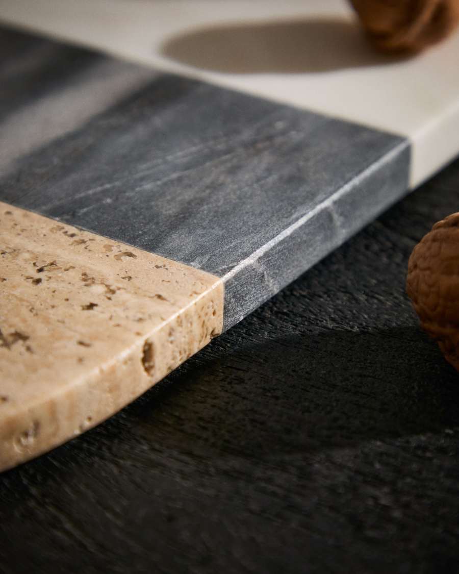 Nivol large serving board in white and black marble and travertine