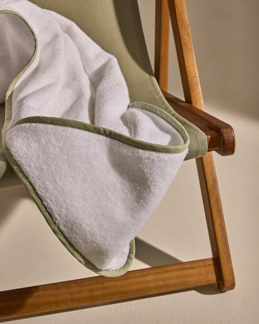 White cotton Nuni hooded towel with a green trim