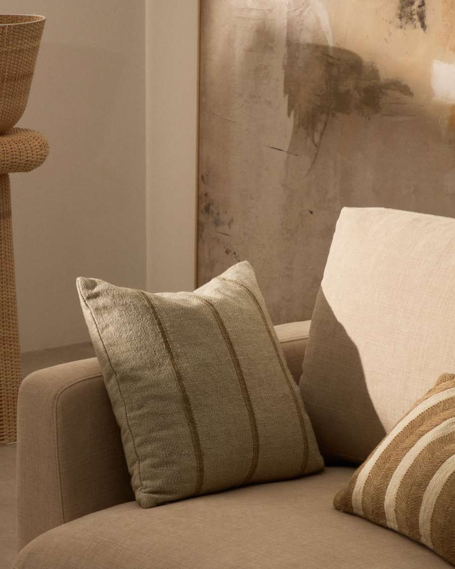 Kissenbezug Disis aus Leinen und Baumwolle mit gewebten beigefarbenen Streifen, 45 x 45 cm