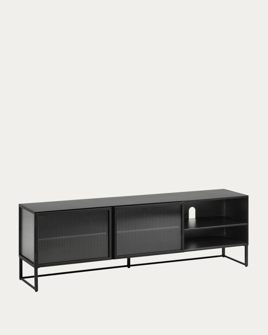 Trixie steel TV stand with 2 doors in a black painted finish, 180 x 50 cm