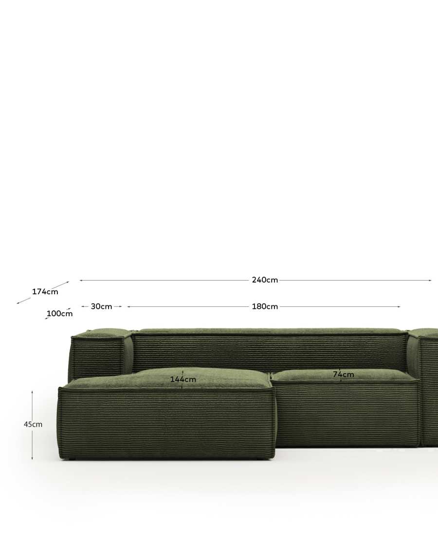 Blok 2-seater sofa with left chaise longue thick green corduroy 240 cm
