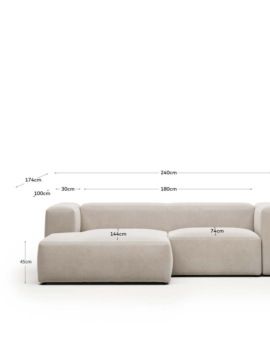 Blok 2-seater sofa with left chaise longue beige chenille 240 cm