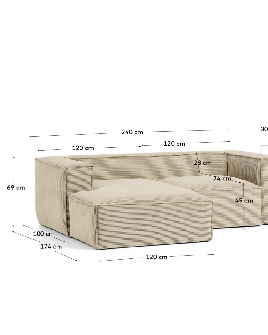 Blok 2-seater sofa with left chaise longue thick taupe corduroy 240 cm