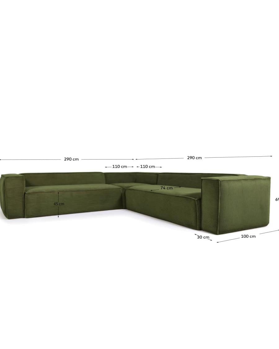 Blok 4-seater corner sofa thick in green corduroy 290 x 290 cm