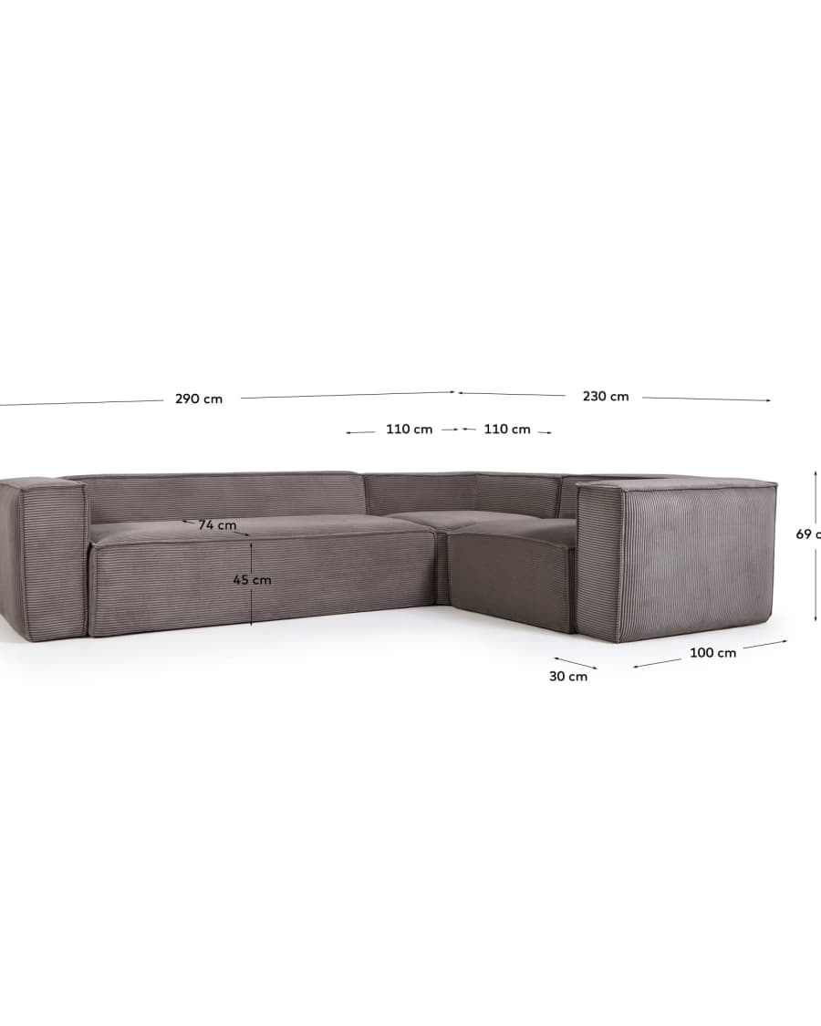 Blok 3-seater corner sofa thick grey corduroy 290 x 230 cm / 230 x 290 cm