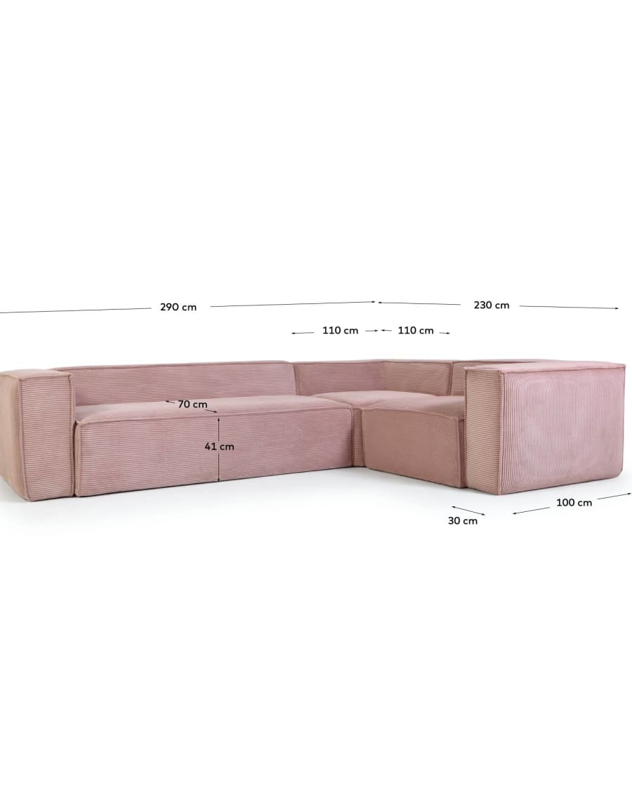 Blok 3-seater corner sofa thick pink corduroy 290 x 230 cm / 230 x 290 cm