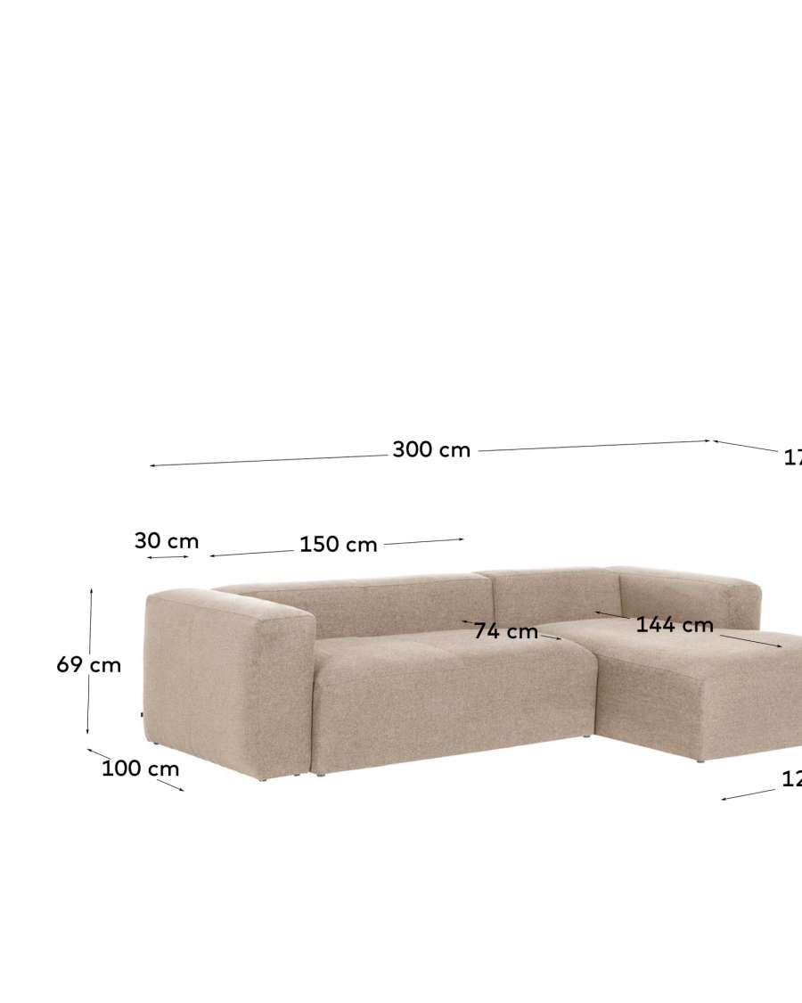 Blok 3-seater sofa with right chaise longue beige chenille 300 cm
