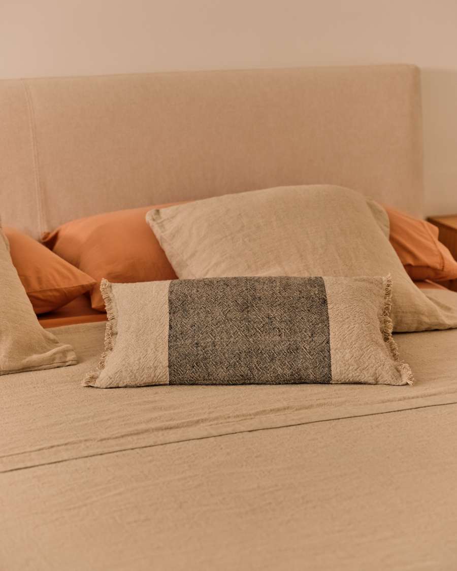 Lorin green linen and cotton cushion cover with fringing 30 x 50cm