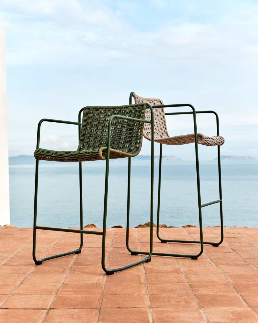 Maurina stool in green galvanised steel and ecru and grey rope cord 64,5cm