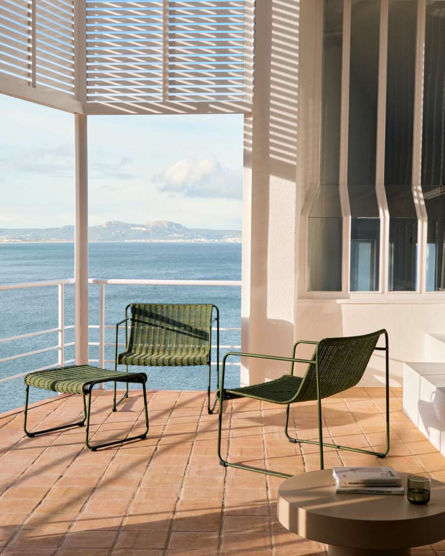 Maurina footrest in green galvanised steel and green rope cord 58 x 52.5cm