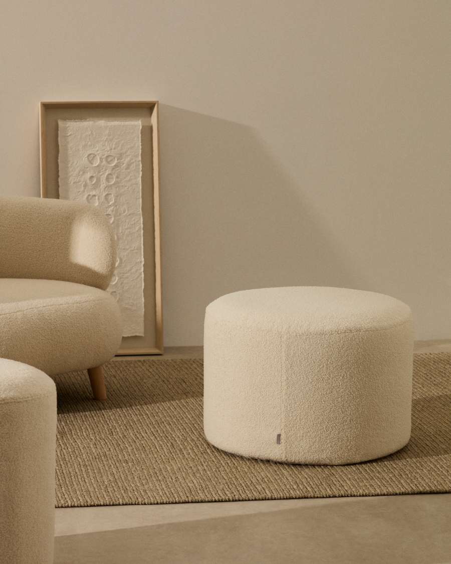 Kaeli footrest with removable cover in ecru bouclé Ø 60 cm