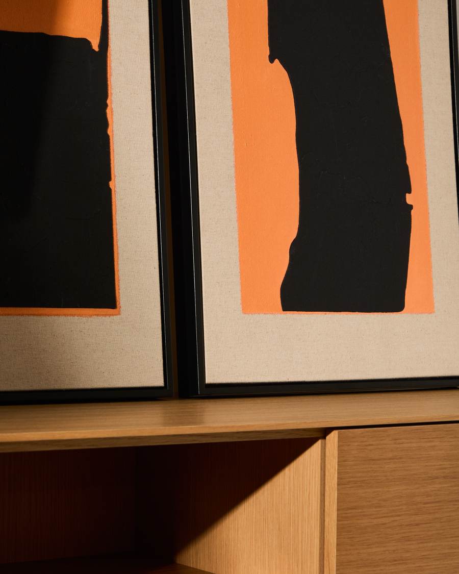 Quadro astratto Zernu dipinto a mano in lino arancione e nero 42 x 65 cm