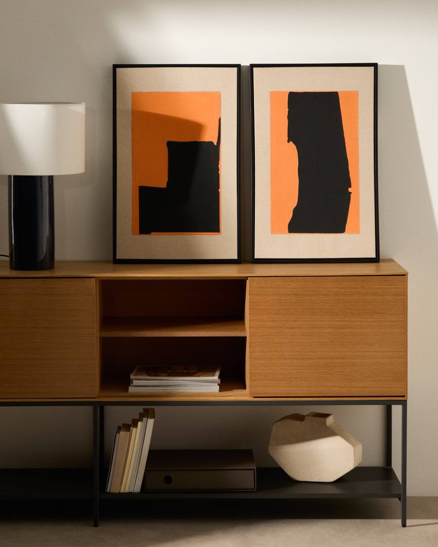 Quadro astratto Zernu in lino arancione e nero dipinto a mano 42 x 65 cm