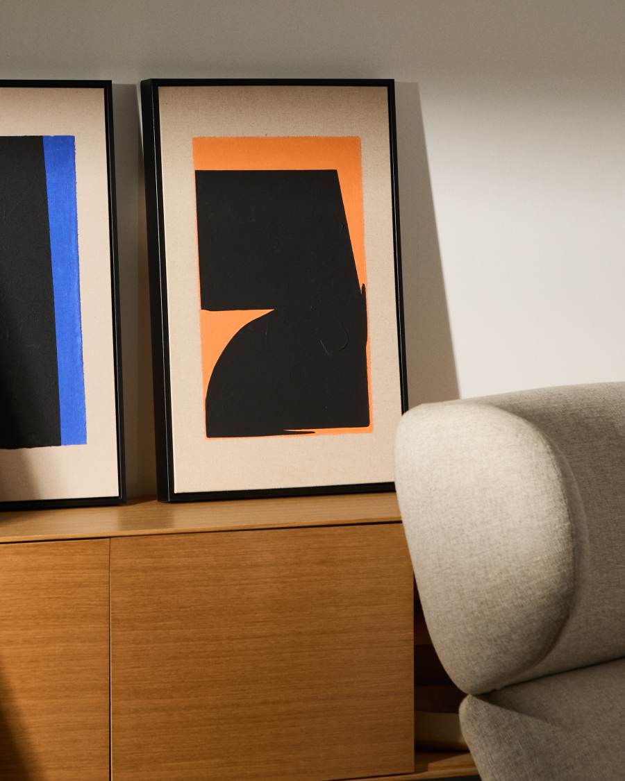 Zernu hand-painted orange and black linen abstract picture 42 x 65cm