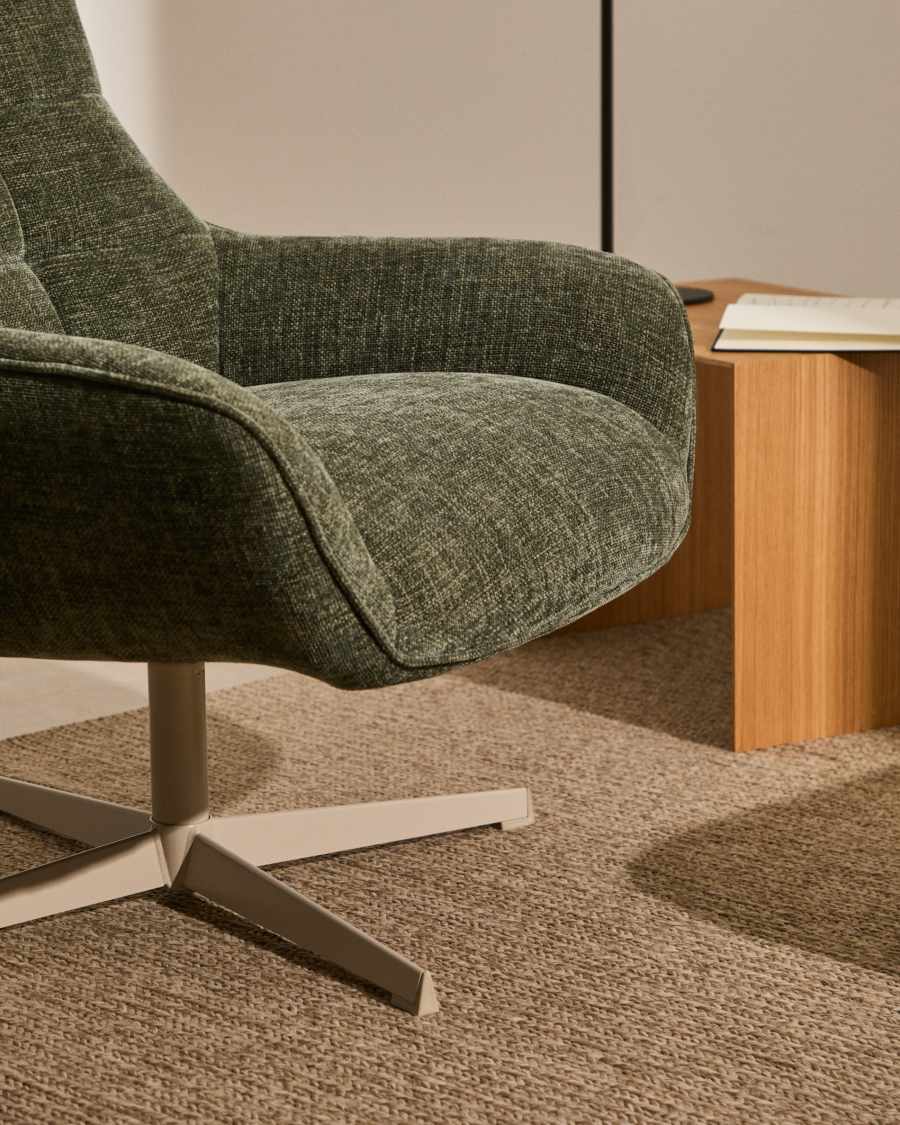 Teryl swivel green chenille armchair with grey-finished metal, FSC 100%