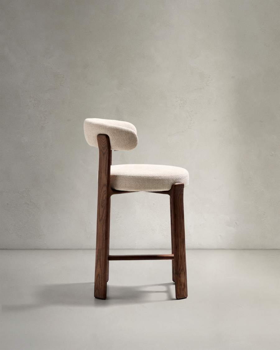 Granite stool in beige chenille and solid ash wood with walnut-coloured finish FSC 100% 65cm