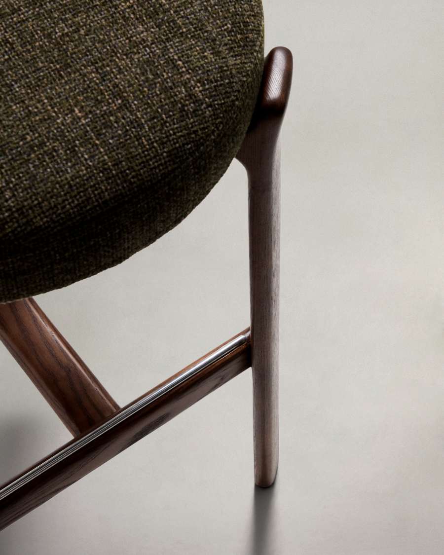 Granite stool in green chenille and solid ash wood with walnut-coloured finish FSC 100% 75cm