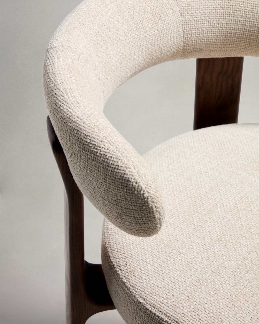 Granite stool in beige chenille and solid ash wood with walnut-coloured finish FSC 100% 75cm