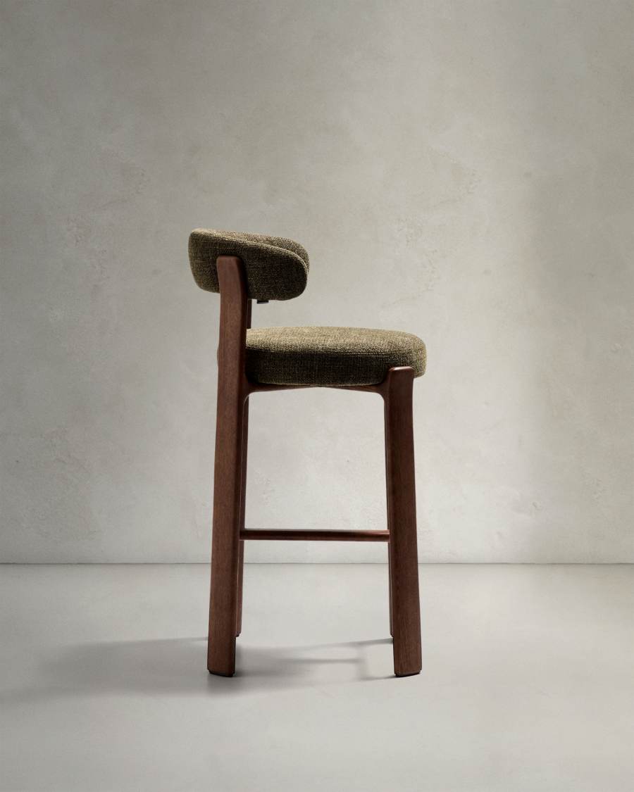 Granite stool in green chenille and solid ash wood with walnut-coloured finish FSC 100% 75cm