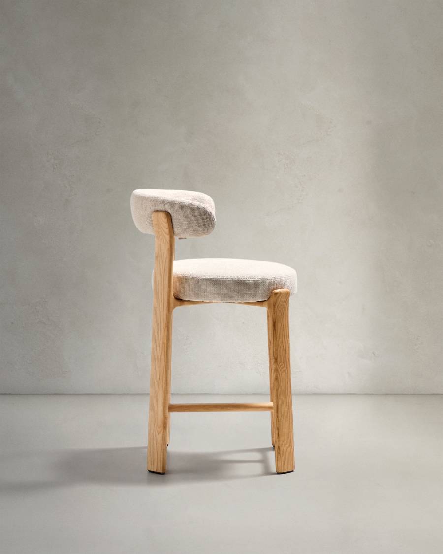Granite stool in beige chenille and solid ash wood with natural tone finish FSC 100% 65cm