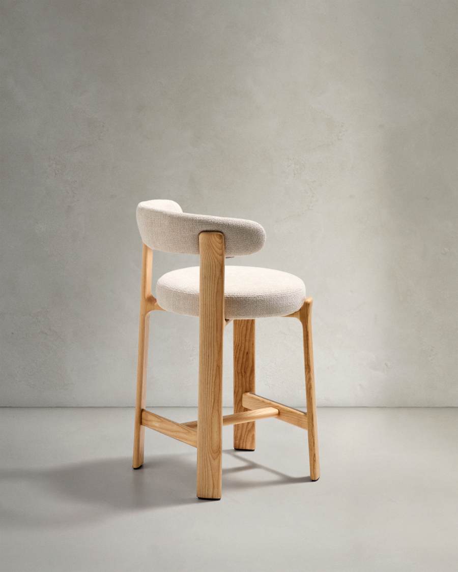 Granite stool in beige chenille and solid ash wood with natural tone finish FSC 100% 65cm