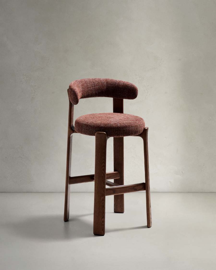 Granite stool in brown chenille and solid ash wood with walnut-coloured finish FSC 100% 75cm