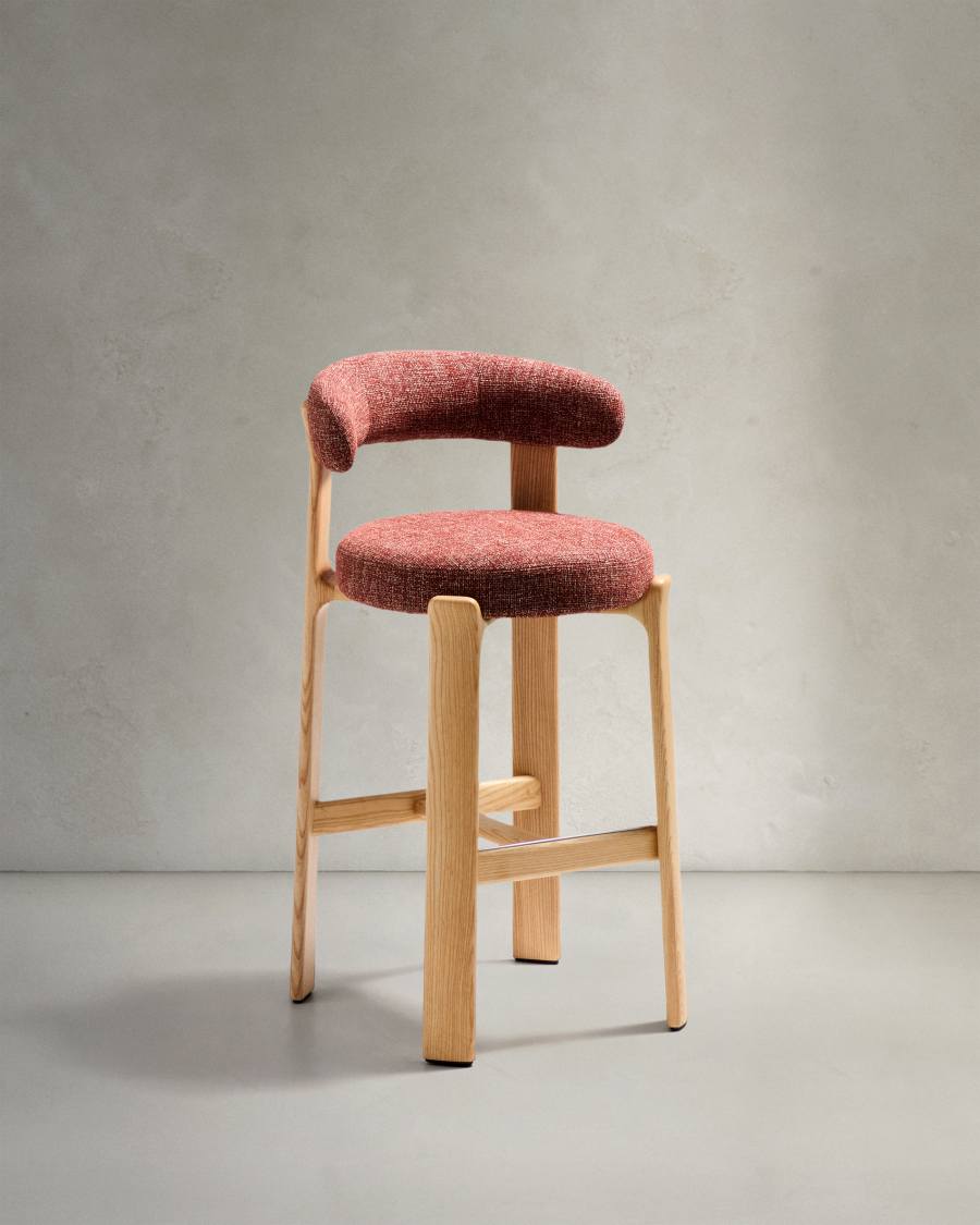 Tabouret Granite en tissu chenille terracotta et bois de frêne avec finition ton naturel FSC 100 % 75 cm
